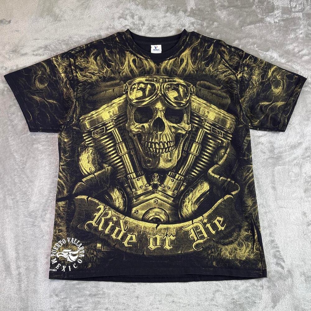 Y2K Puerto Vallarta Mexico Mens XL Black Gold Skull All Over Print Graphic Shirt